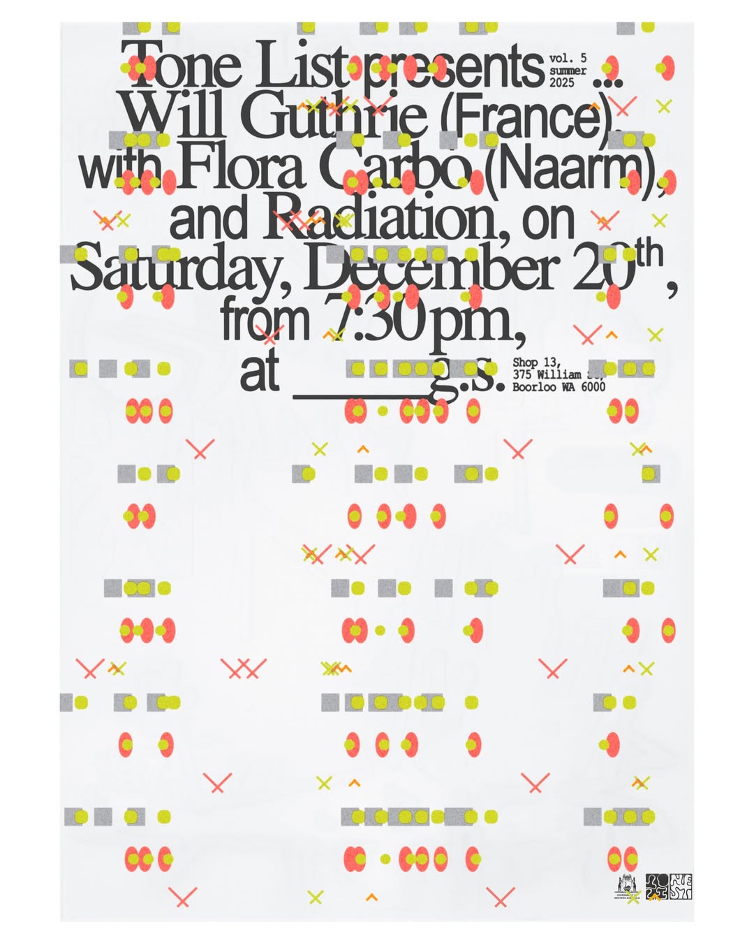 Tone List presents Will Guthrie, with Floora Carbo, and Radiation